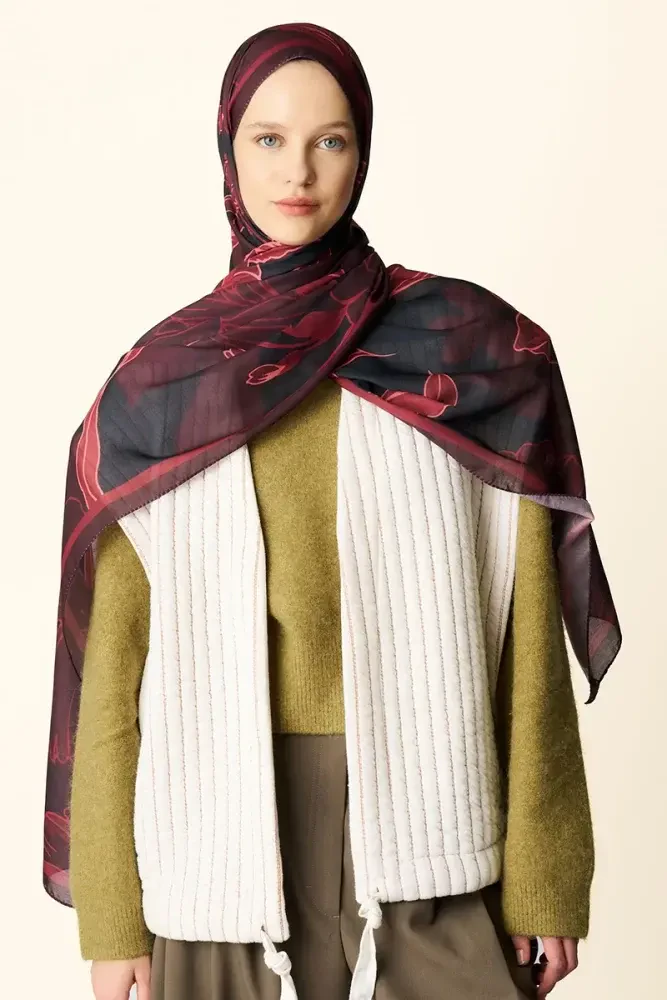 Amora Desenli Pamuk Dokulu Şal - Bordo - 3