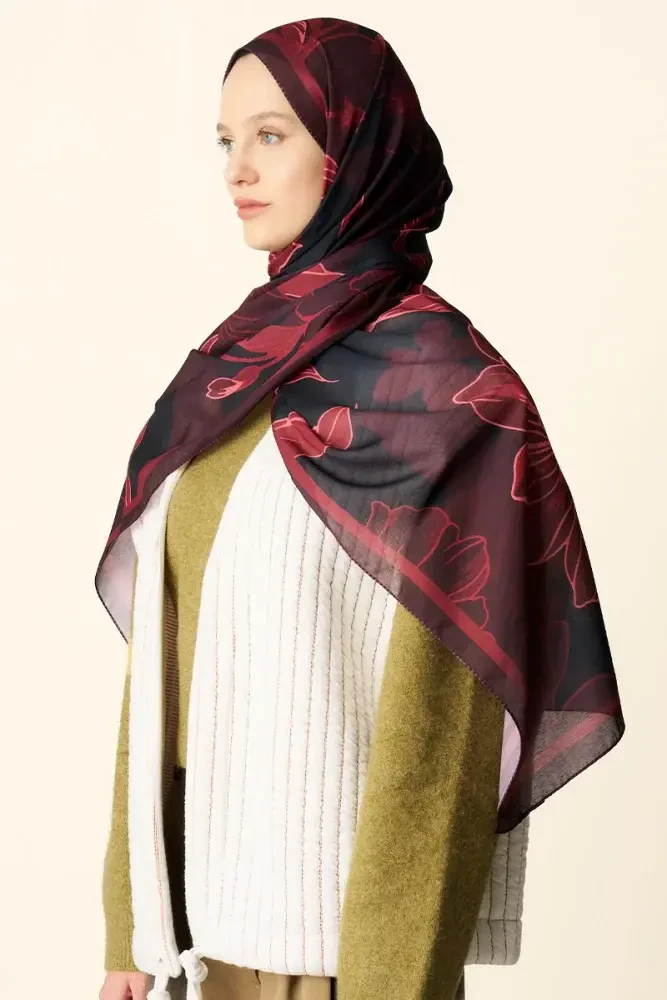 Amora Desenli Pamuk Dokulu Şal - Bordo - 4