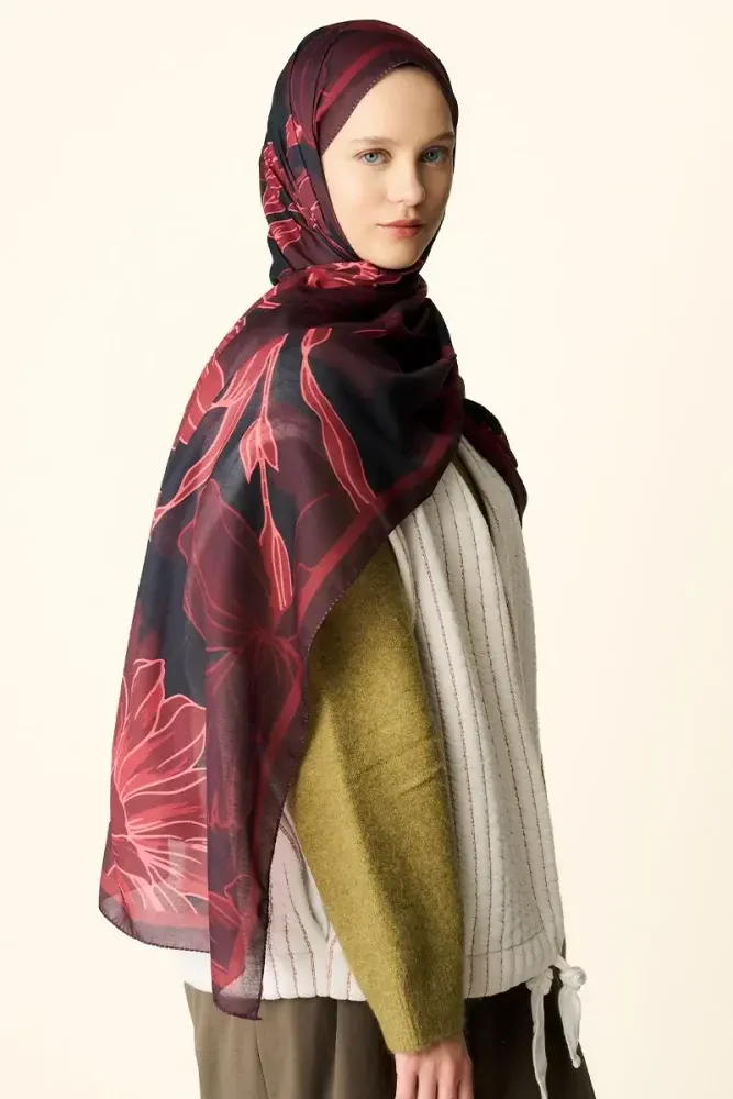 Amora Desenli Pamuk Dokulu Şal - Bordo - 2