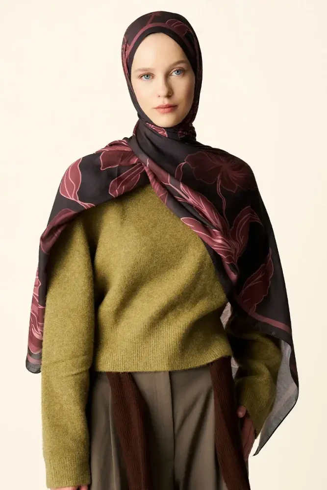 Amora Desenli Pamuk Dokulu Şal - Kahverengi - MADAME POLO