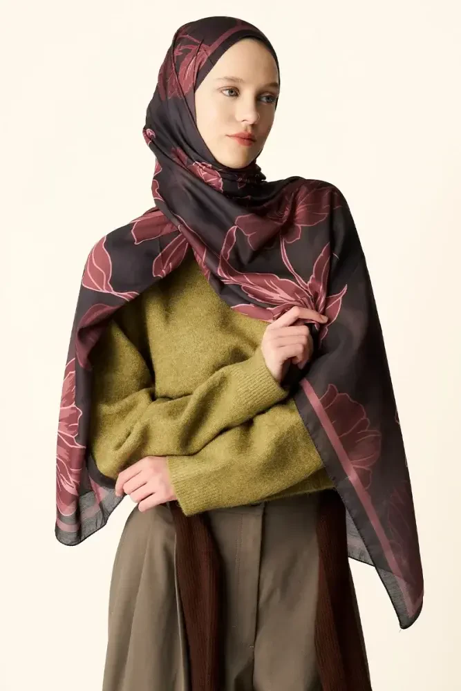 Amora Desenli Pamuk Dokulu Şal - Kahverengi - MADAME POLO