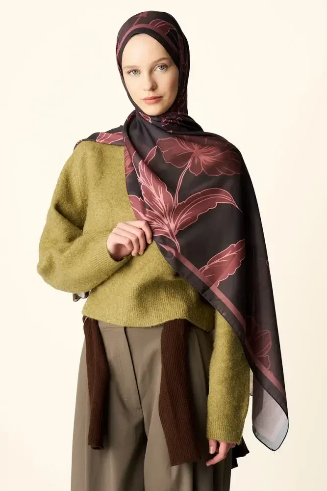 Amora Desenli Pamuk Dokulu Şal - Kahverengi - 3