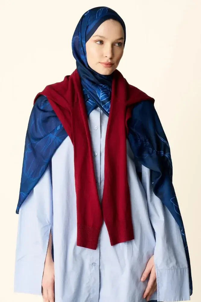 Amora Desenli Pamuk Dokulu Şal - Lacivert - 3