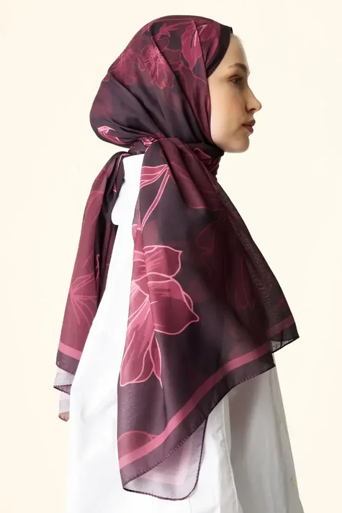 Amora Desenli Pamuk Dokulu Şal - Mürdüm - 4