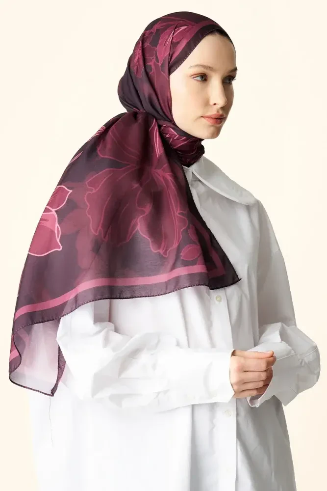 Amora Desenli Pamuk Dokulu Şal - Mürdüm - 2