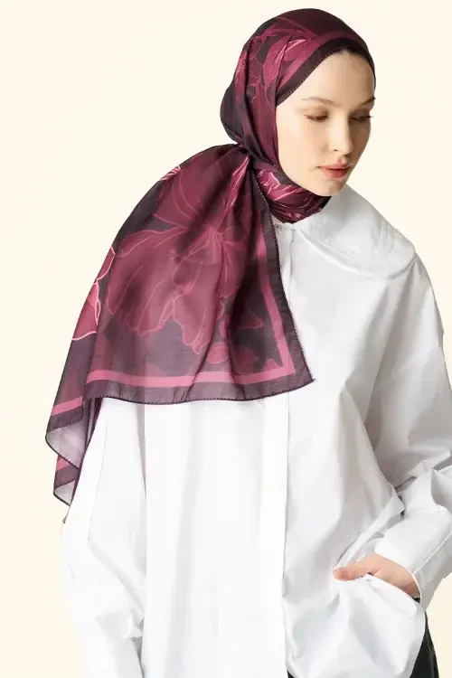 Amora Desenli Pamuk Dokulu Şal - Mürdüm 