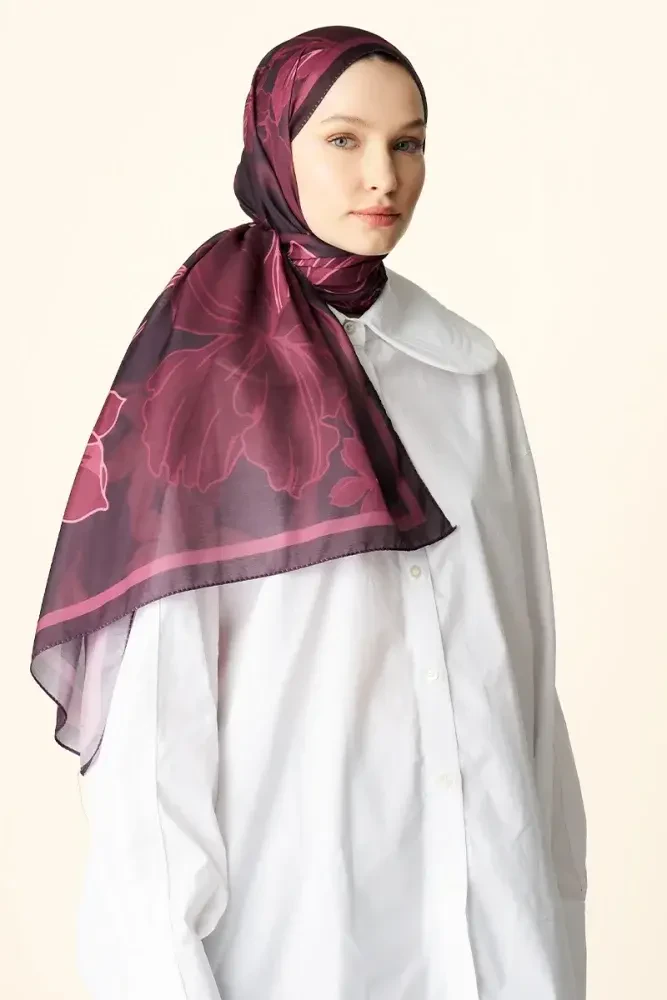 Amora Desenli Pamuk Dokulu Şal - Mürdüm - MADAME POLO