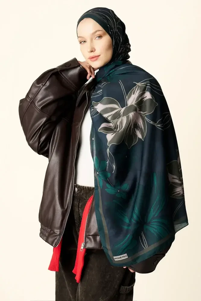 Amora Desenli Pamuk Dokulu Şal - Yeşil - MADAME POLO