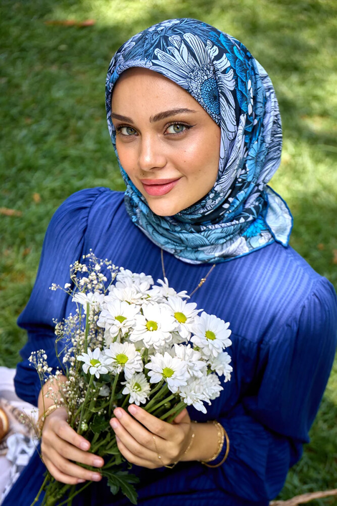 Aria Koleksiyonu Azalea Desen Eşarp - Mavi - MADAME POLO