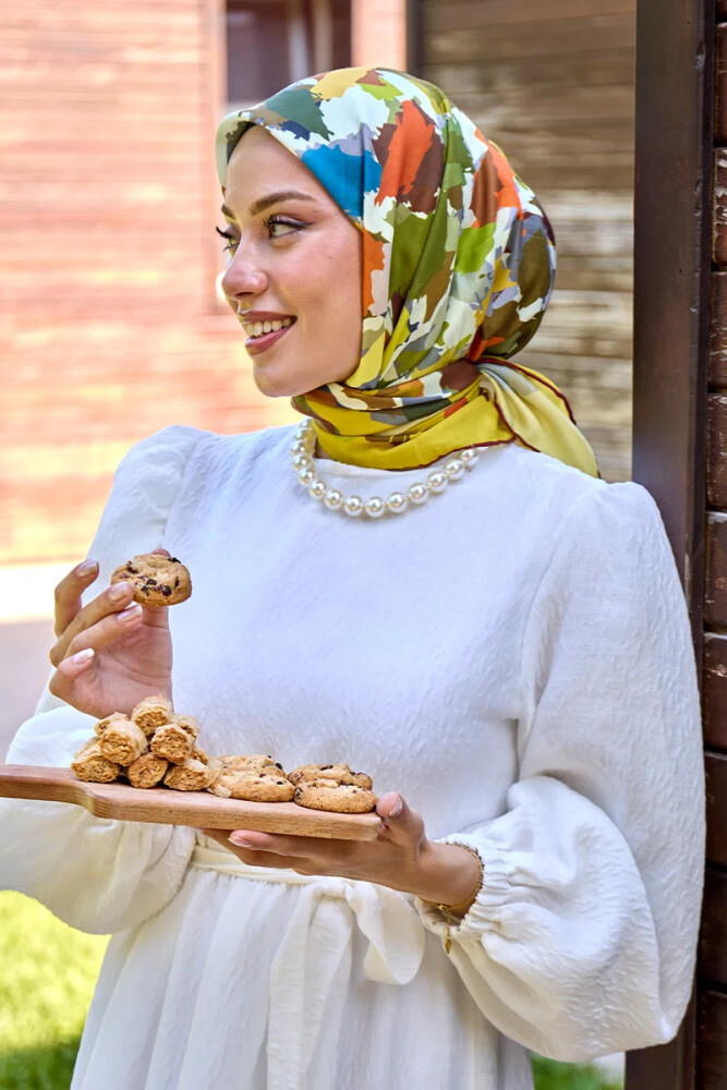 Aria Koleksiyonu Dalia Desen Eşarp - Olive - MADAME POLO