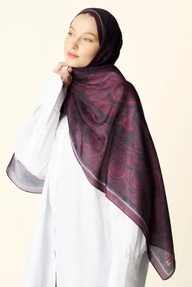 Clara Desenli Pamuk Dokulu Şal - Bordo - 1
