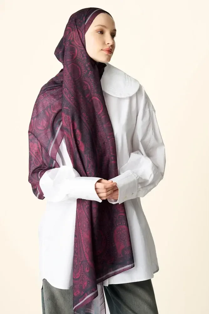 Clara Desenli Pamuk Dokulu Şal - Bordo - 2