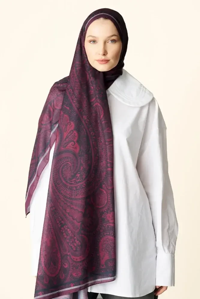 Clara Desenli Pamuk Dokulu Şal - Bordo - 3