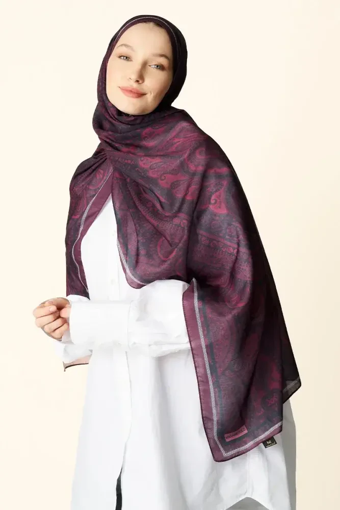 Clara Desenli Pamuk Dokulu Şal - Bordo - 4