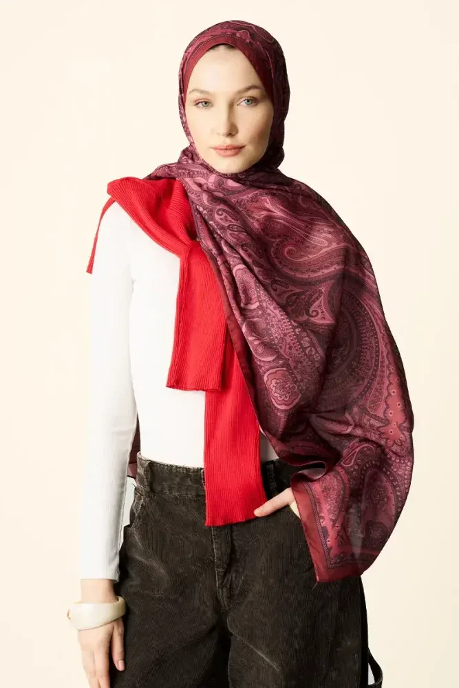 Clara Desenli Pamuk Dokulu Şal - Kırmızı - MADAME POLO