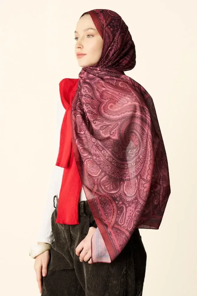 Clara Desenli Pamuk Dokulu Şal - Kırmızı - 2