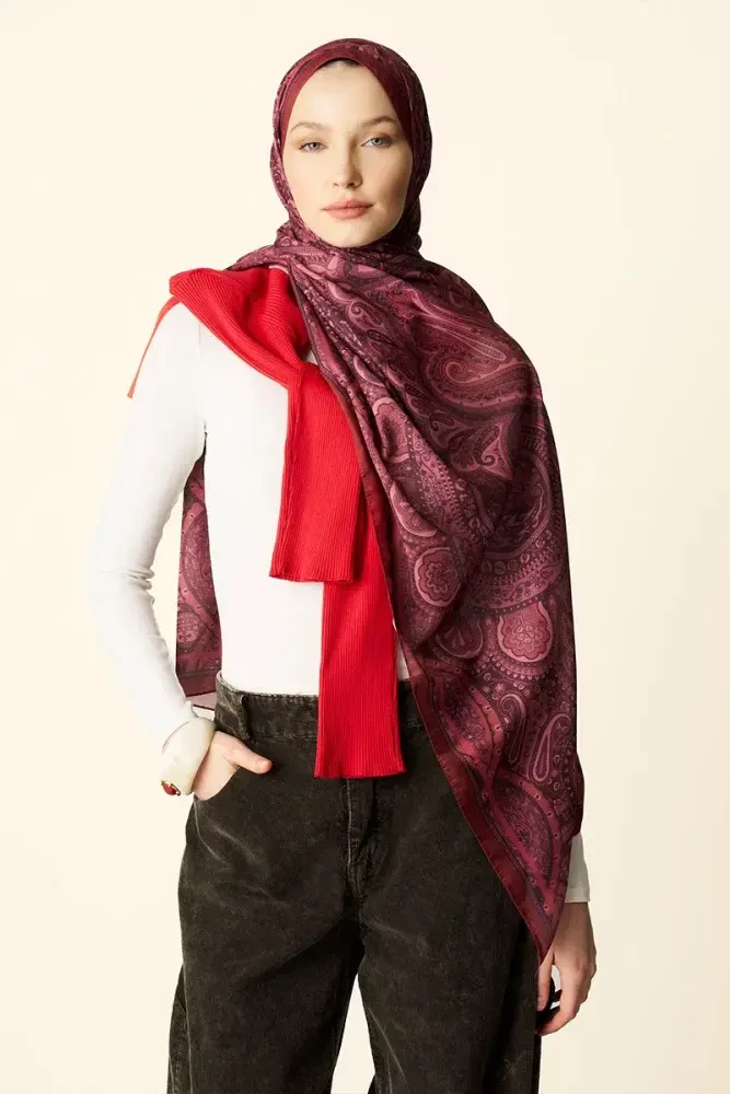 Clara Desenli Pamuk Dokulu Şal - Kırmızı - MADAME POLO