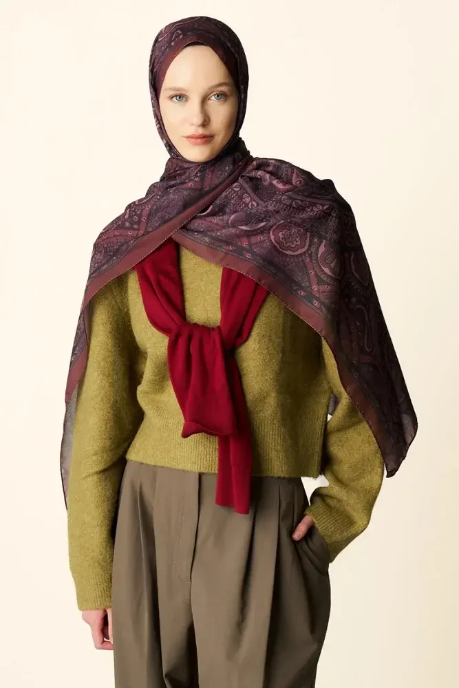 Clara Desenli Pamuk Dokulu Şal - Kızıl Kahve - 2