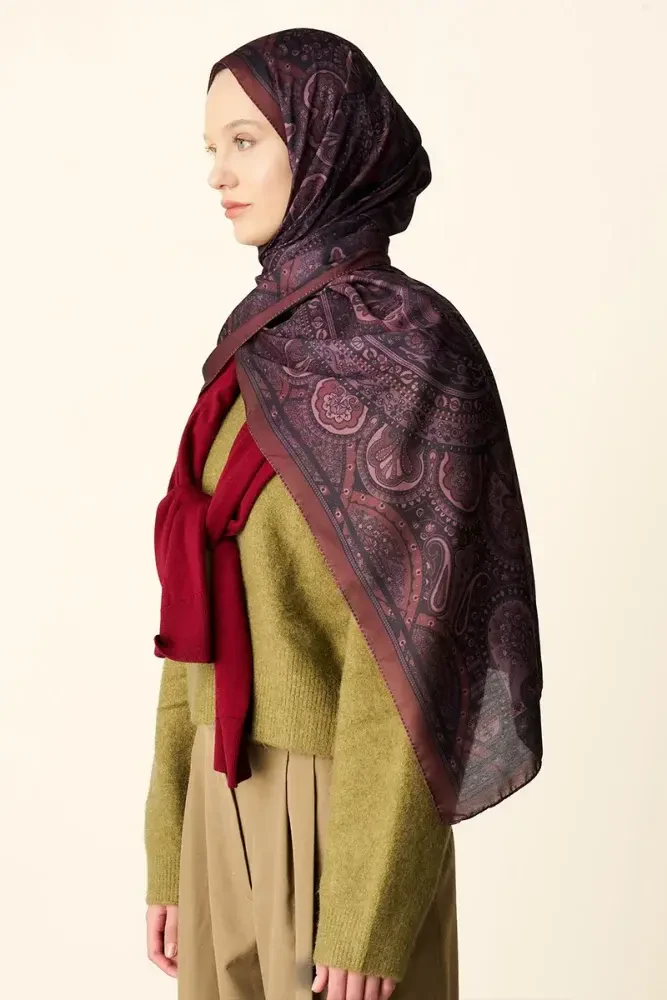 Clara Desenli Pamuk Dokulu Şal - Kızıl Kahve - 3