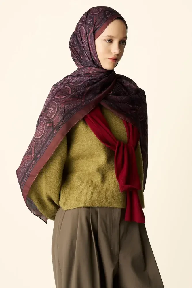 Clara Desenli Pamuk Dokulu Şal - Kızıl Kahve - 2