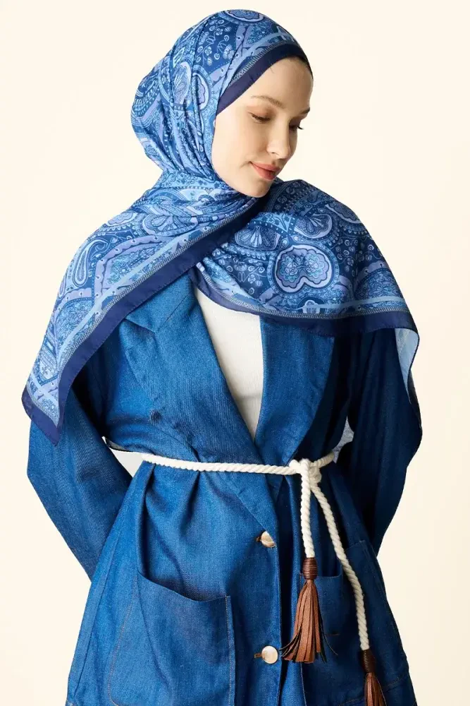 Clara Desenli Pamuk Dokulu Şal - Mavi - MADAME POLO
