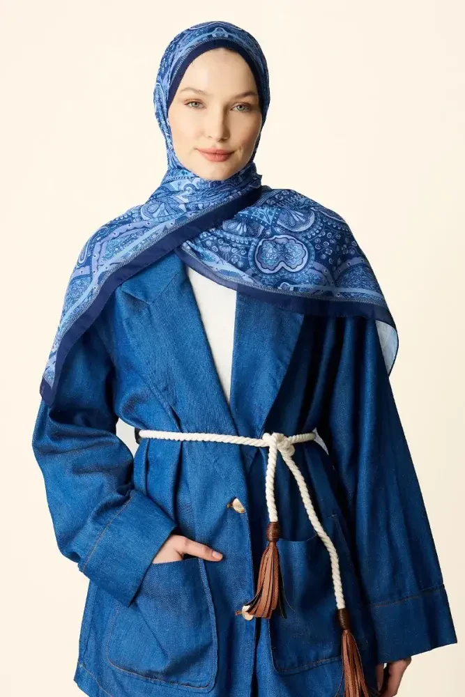 Clara Desenli Pamuk Dokulu Şal - Mavi - 2