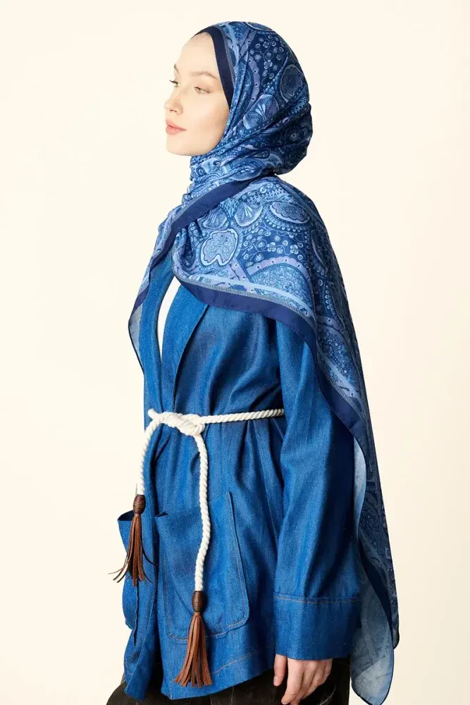 Clara Desenli Pamuk Dokulu Şal - Mavi - 3