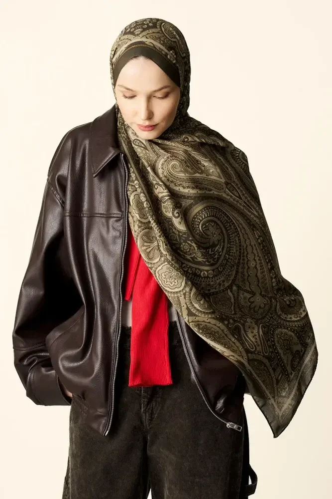 Clara Desenli Pamuk Dokulu Şal - Yağ Yeşili - 1