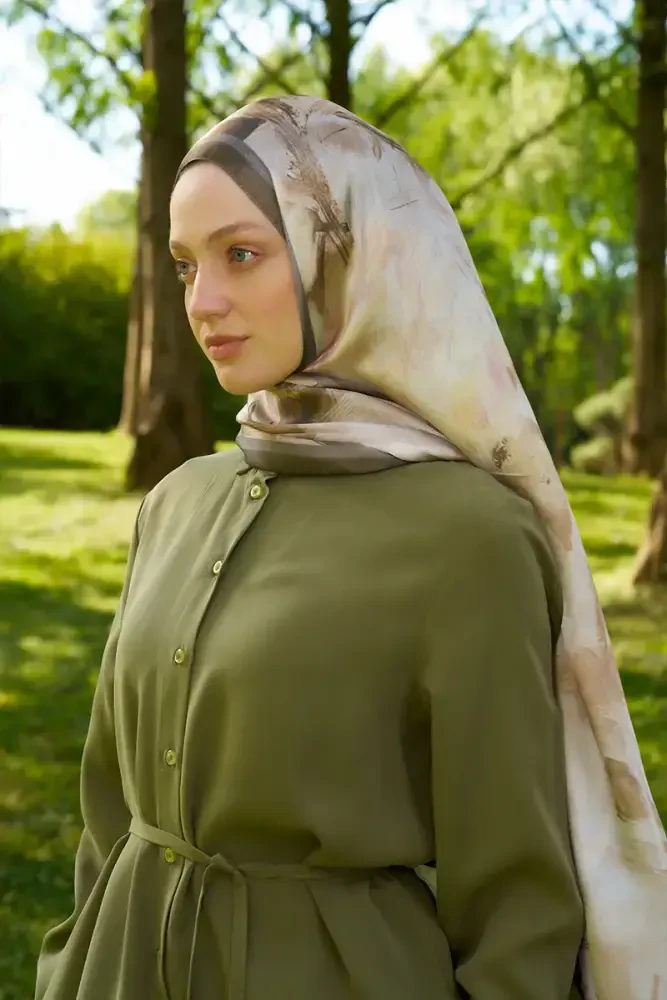 Crystal Flower Desen Şal - Haki - MADAME POLO