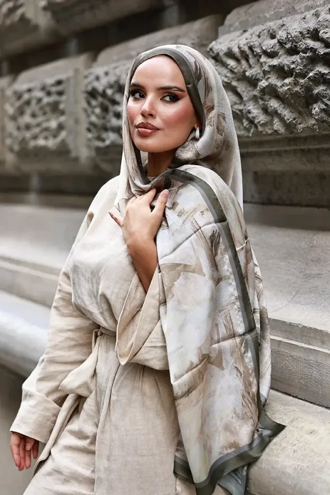 Crystal Flower Desen Şal - Haki - MADAME POLO