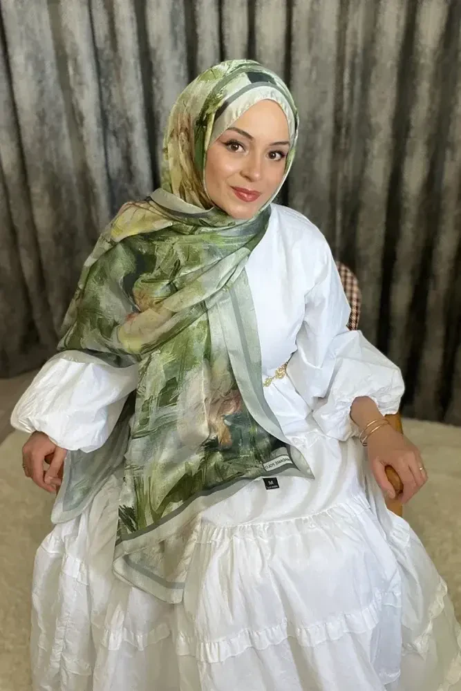 Crystal Flower Desen Şal - Yeşil - MADAME POLO