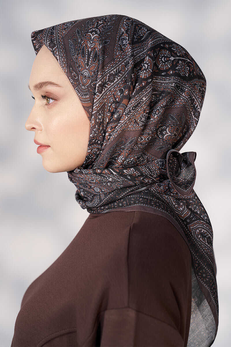 Daisy Glory Desen Eşarp - Kahverengi - MADAME POLO