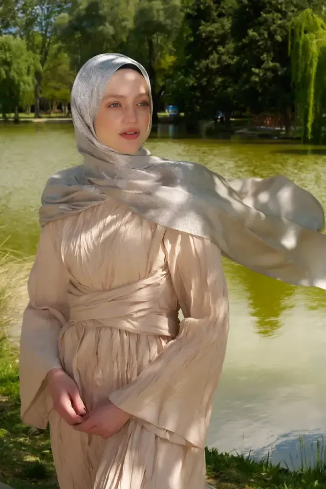Elegance Etnik Desen Jakar Şal - Bej - 5
