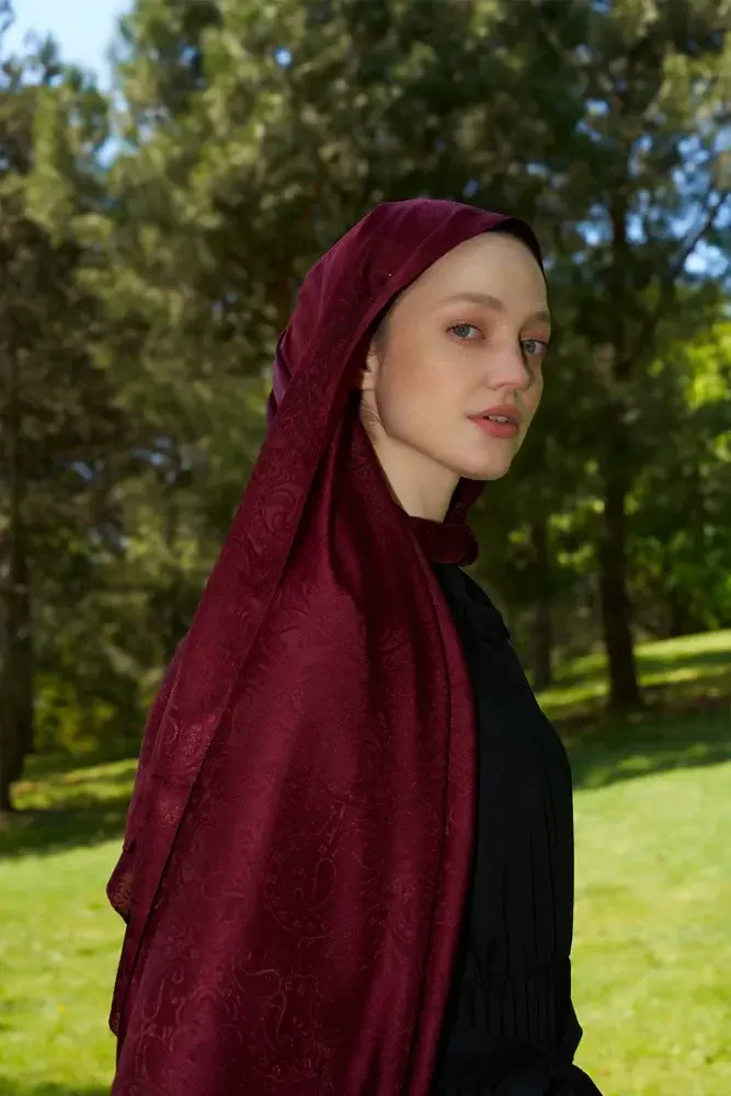 Elegance Etnik Desen Jakar Şal - Bordo - 1
