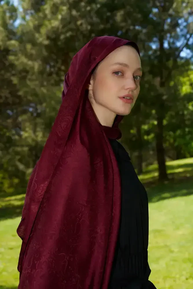 Elegance Etnik Desen Jakar Şal - Bordo - 1