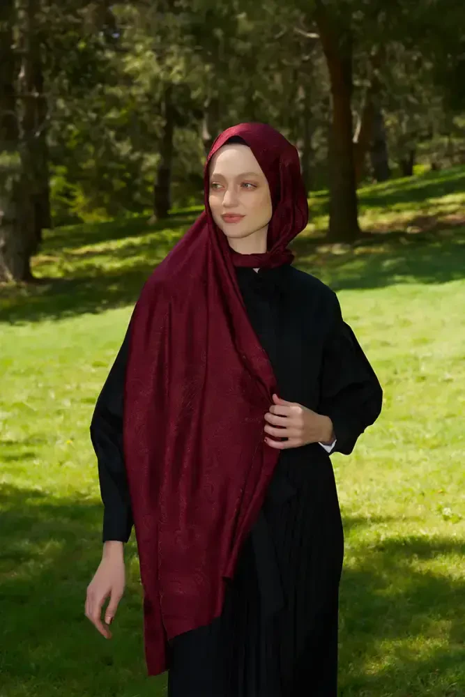 Elegance Etnik Desen Jakar Şal - Bordo - 4