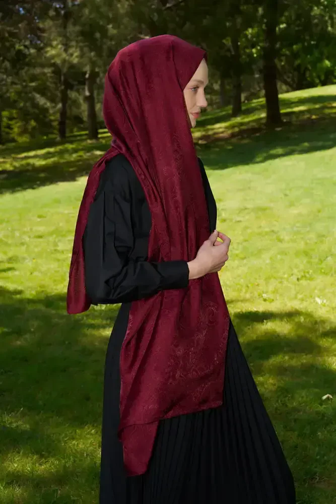 Elegance Etnik Desen Jakar Şal - Bordo - 5