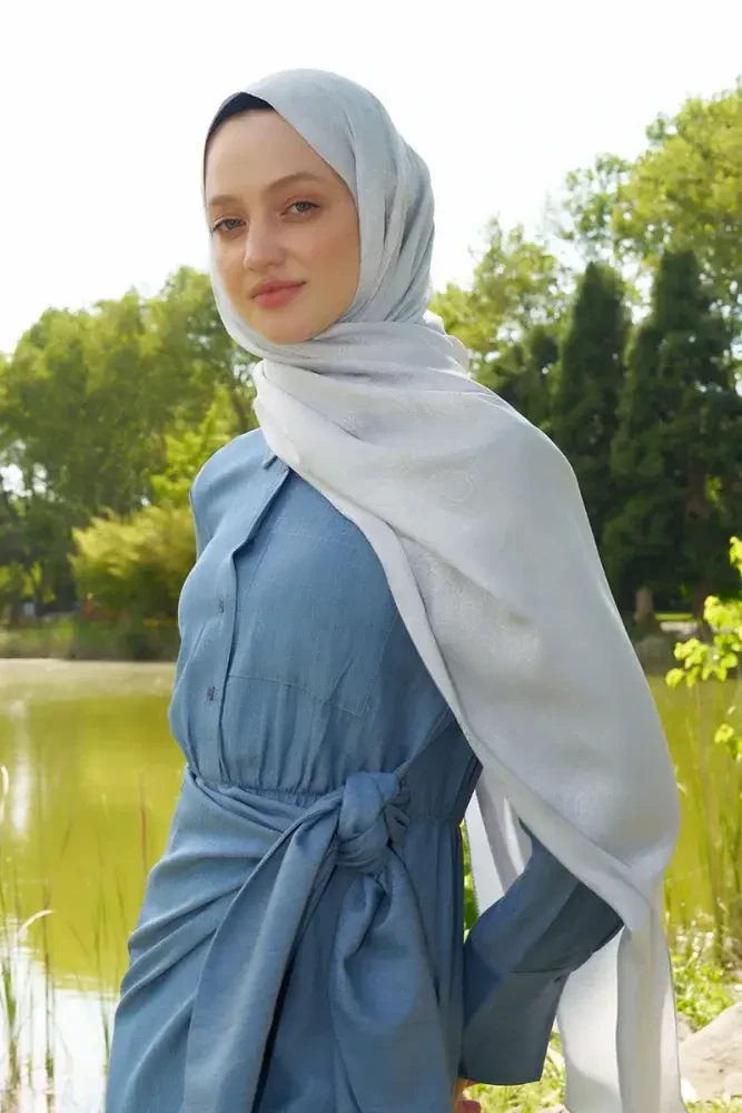 Elegance Etnik Desen Jakar Şal - Gümüş - 2