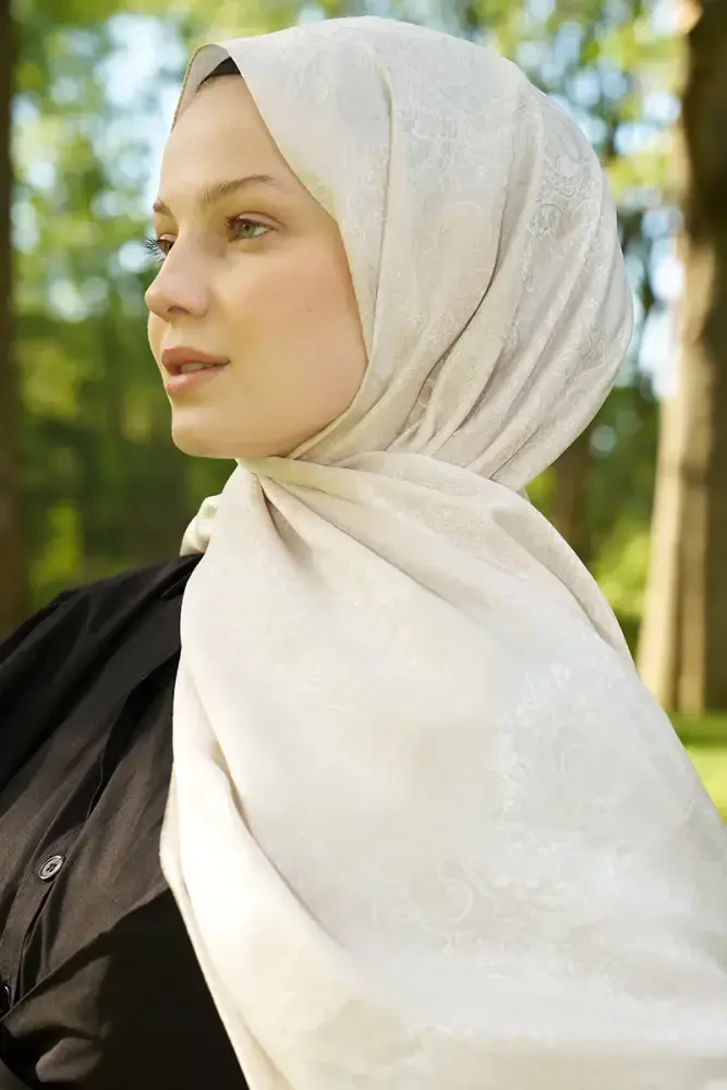 Elegance Etnik Desen Jakar Şal - İnci - 1