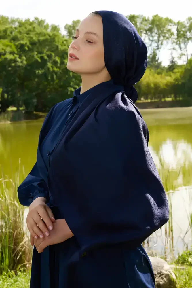 Elegance Etnik Desen Jakar Şal - Lacivert - 2