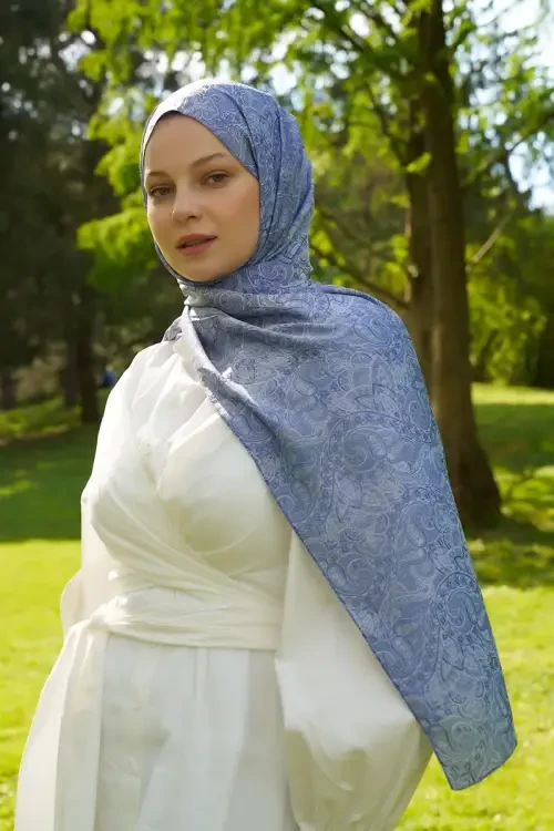 Elegance Etnik Desen Jakar Şal - Mavi 
