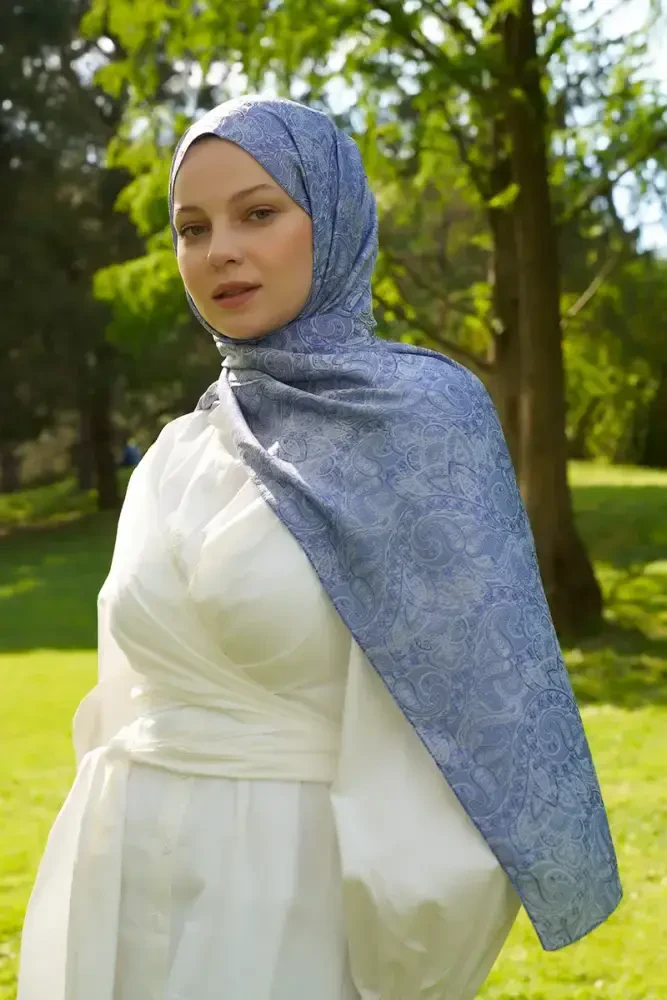 Elegance Etnik Desen Jakar Şal - Mavi - 1
