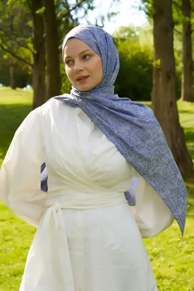 Elegance Etnik Desen Jakar Şal - Mavi - 2