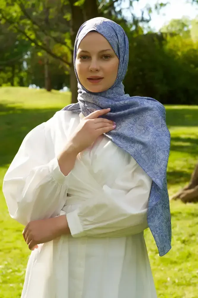 Elegance Etnik Desen Jakar Şal - Mavi - MADAME POLO