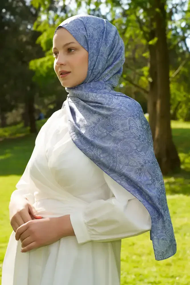 Elegance Etnik Desen Jakar Şal - Mavi - 4