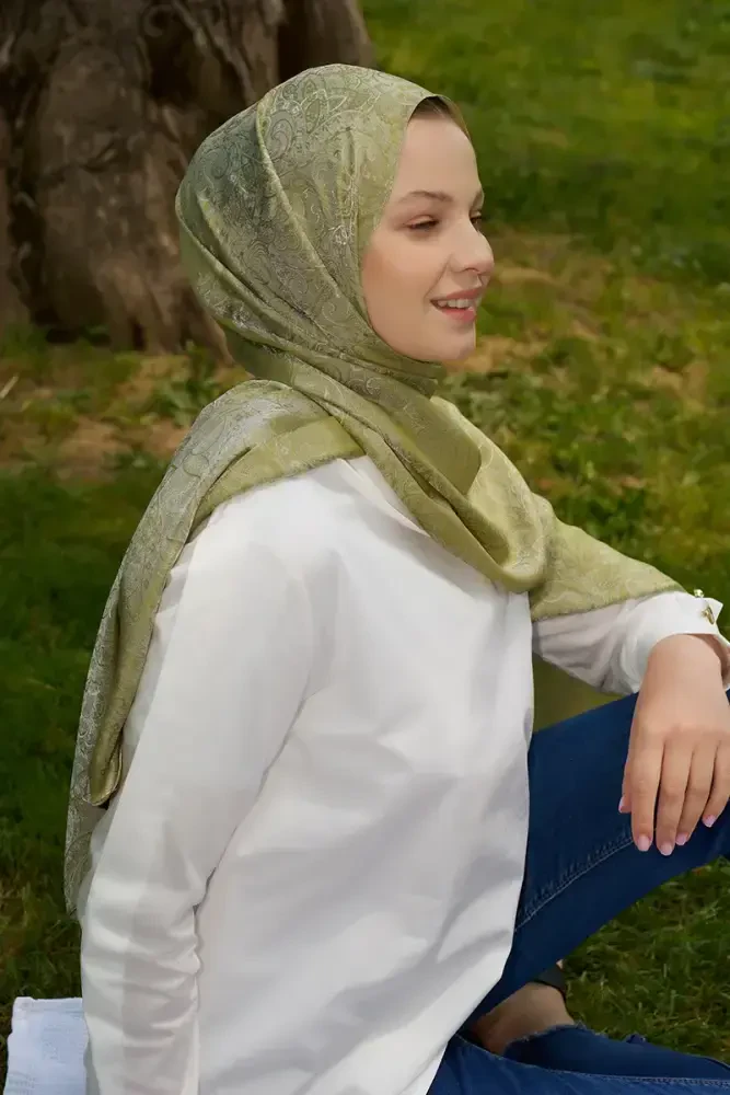 Elegance Etnik Desen Jakar Şal - Yağ Yeşili - 1
