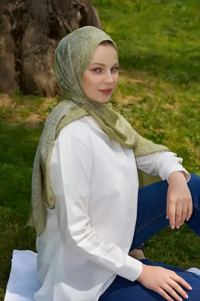 Elegance Etnik Desen Jakar Şal - Yağ Yeşili - MADAME POLO