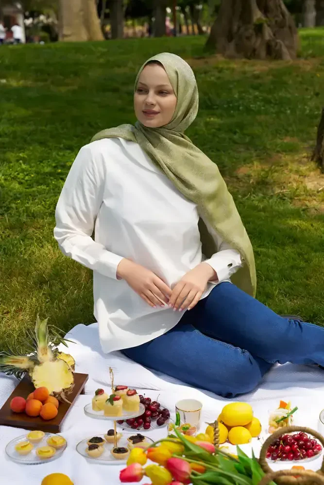 Elegance Etnik Desen Jakar Şal - Yağ Yeşili - MADAME POLO