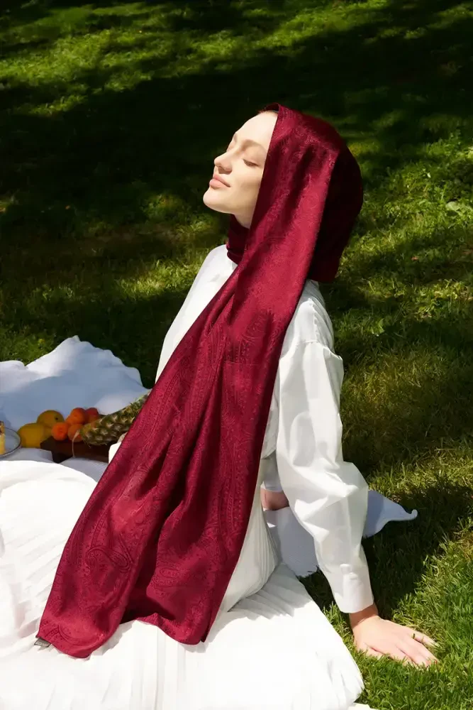 Elegance Lace Desen Jakar Şal - Bordo - 1