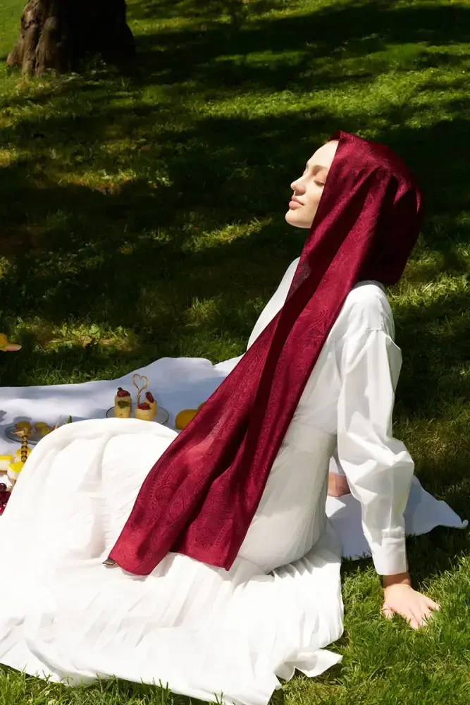 Elegance Lace Desen Jakar Şal - Bordo - 3